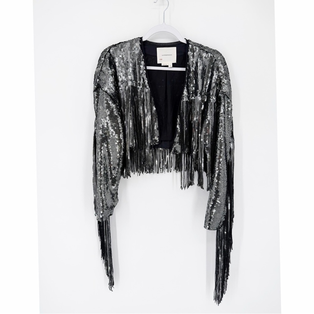 Anthropologie Sequin Fringe Cropped Open Front Jacket Silver Boho Sz XS